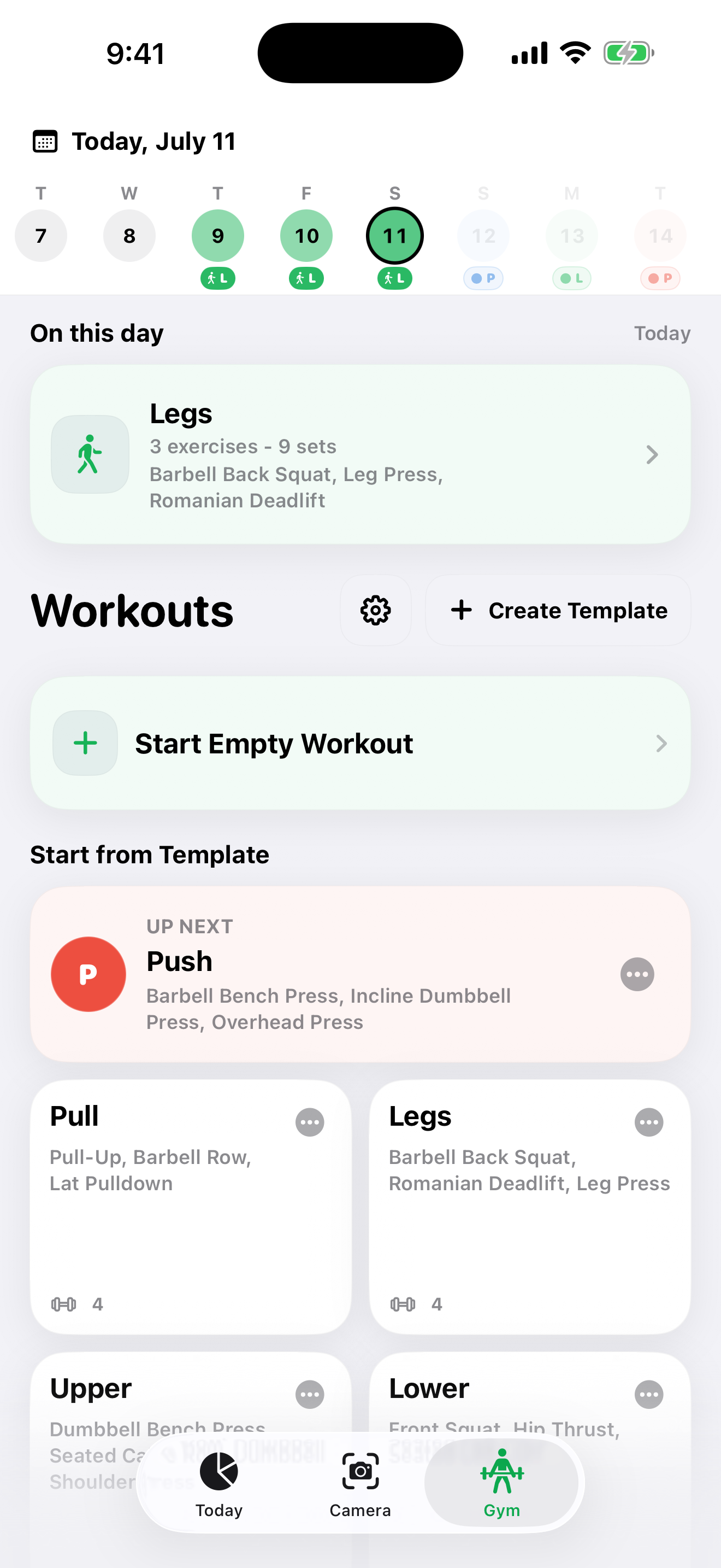Workout overview showing recent training and progress